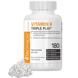 Bronson Vitamin K Triple Play (Vitamin K2 MK7 / Vitamin K2 MK4 / Vitamin K1) 180 Capsules