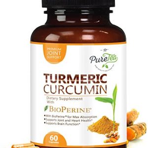 Turmeric Curcumin Max Potency 95% Curcuminoids 1950mg with Bioperine Black Pepper for Best Absorption, Anti-Inflammatory Joint Relief, Turmeric Supplement Pills by PureTea - 60 Capsules