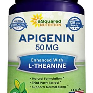 aSquared Nutrition Apigenin 50mg & L-Theanine 200mg – 120 Capsules – Apigenin Supplement Pills for Sleep and Relaxation – Natural Bioflavonoid Extract Found in Chamomile Tea