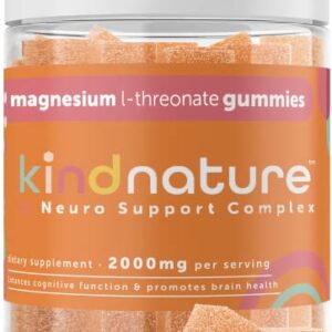 Kind Nature Magnesium L-Threonate Gummies – 2000mg High Absorption Magnesium Calm Gummies for Memory, Focus, Brain & Sleep Support Supplement for Adults & Kids – 60 Chewable Gummies