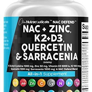 NAC Supplement N-Acetyl Cysteine 1000mg Vitamin D3 K2 Zinc Quercetin 1000mg Sarracenia Purpurea 1000mg with Elderberry Holy Basil Bee Propolis Bromelain L-Lysine Made in USA – 60 Count