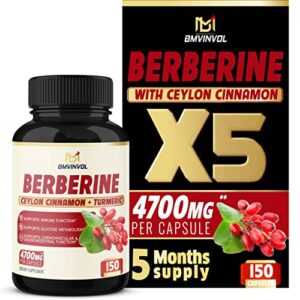 Berberine Supplement 4700mg – 5 Months Supply – High Potency with Ceylon Cinnamon, Turmeric – Supports Immune System, Cardiovascular & Gastrointestinal Function – Berberine HCl Supplement Pills