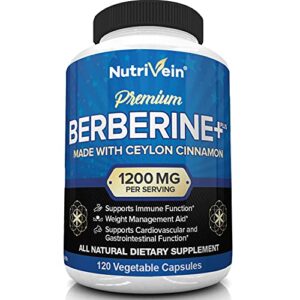 Nutrivein Premium Berberine HCL 1200mg Plus Organic Ceylon Cinnamon – 120 Capsules – Supports Glucose Metabolism, Immune System, Weight Management – Berberine HCI Supplement