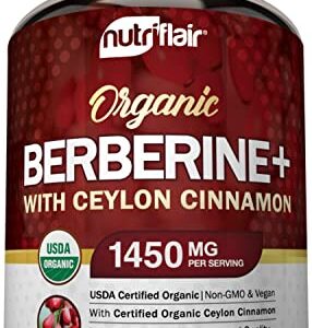 NutriFlair USDA Certified Organic Berberine with Ceylon Cinnamon 1450mg, 120 Capsules – Berberine HCI for Glucose Metabolism, Immune Support, Weight Management Pills – Berberine HCL Root Supplements